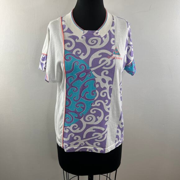 VINTAGE Le Coq Sportif White Blue Top Cotton Geometric Crew Pullover Sz Small S - Picture 2 of 9